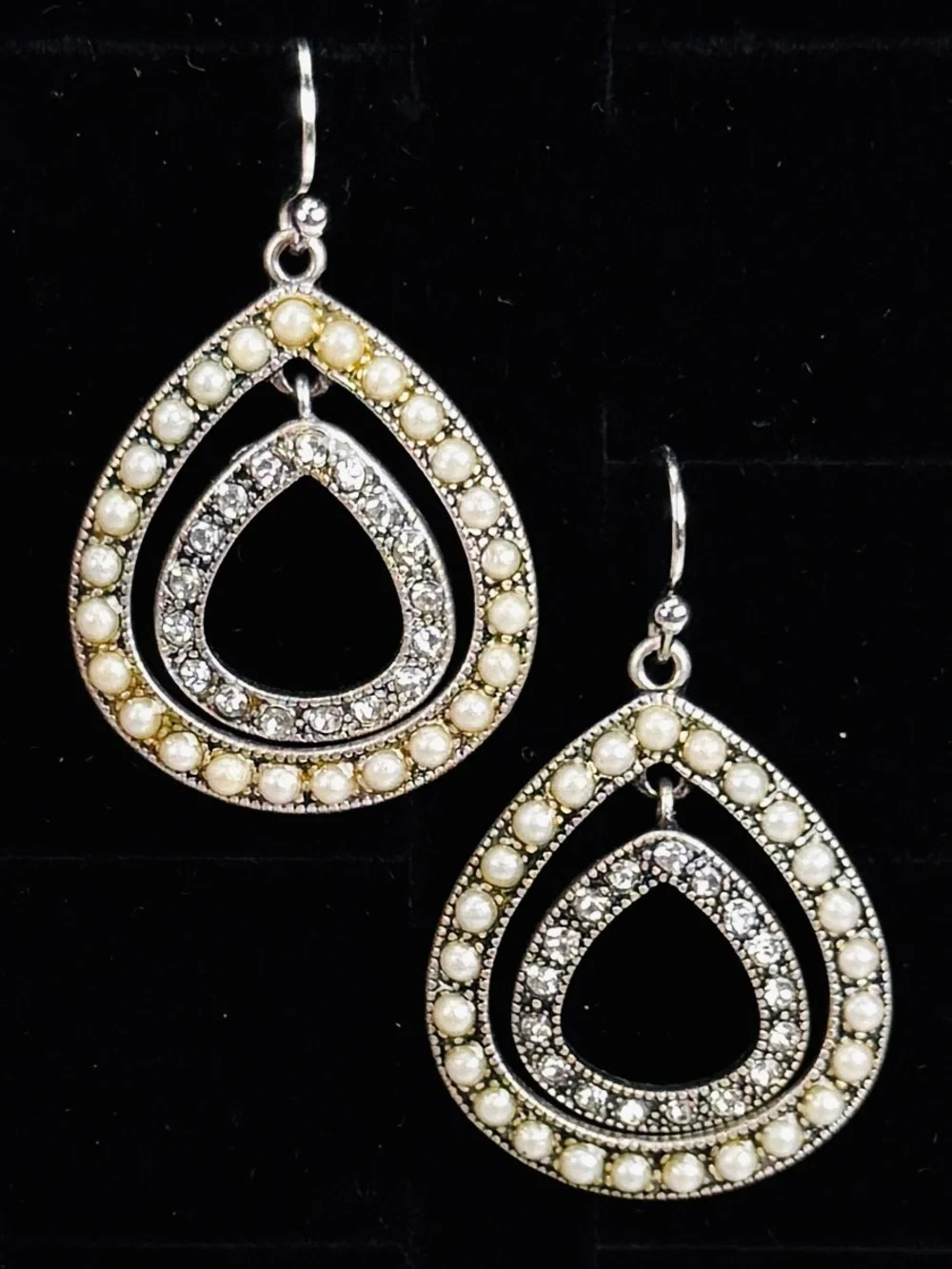 Vintage Silvertone, clear stone, faux pearl pierced earrings